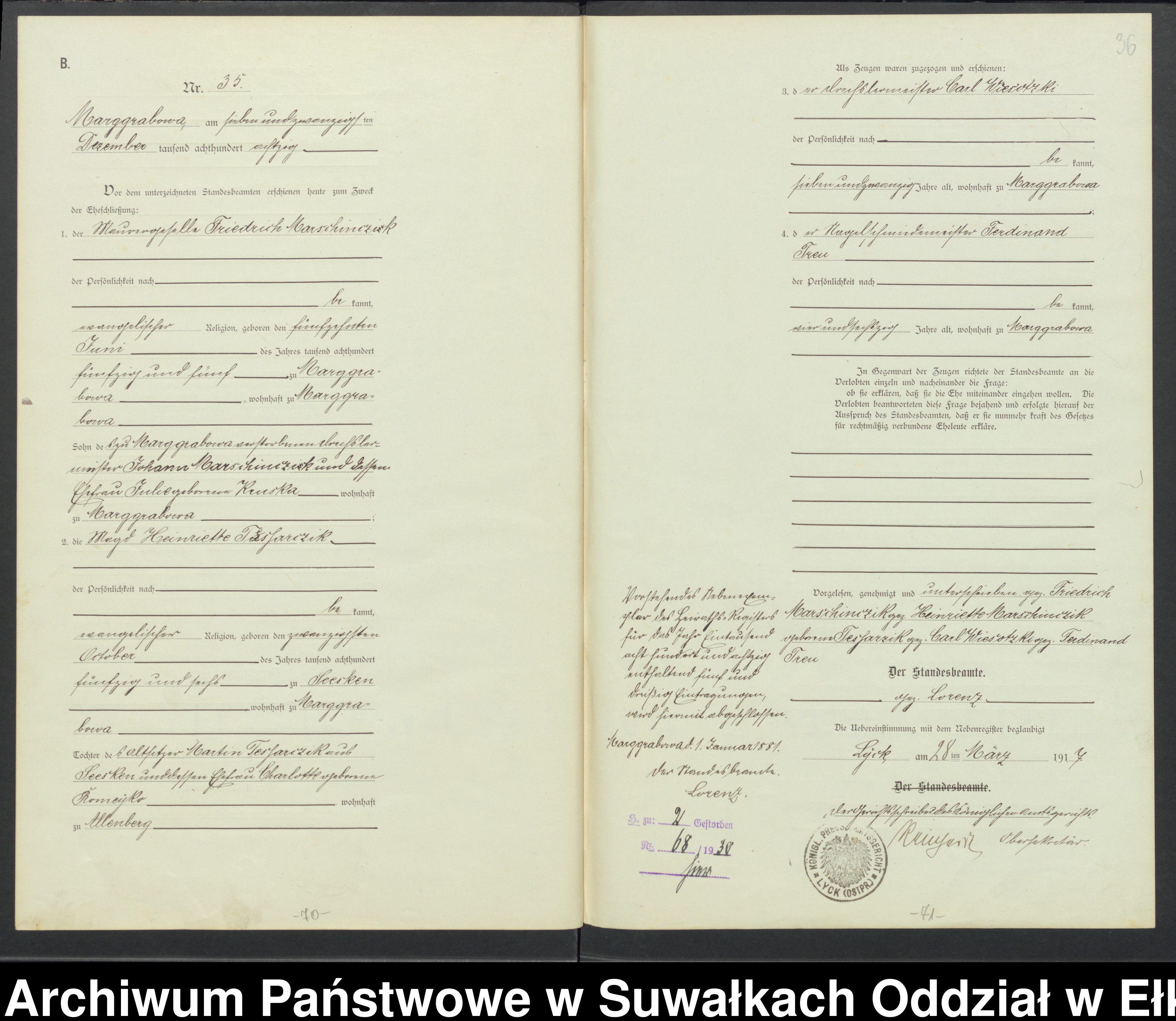 Skan z jednostki: Heirats-Haupt-Register des Standesamtes Marggrabowa Kreis Oletzko