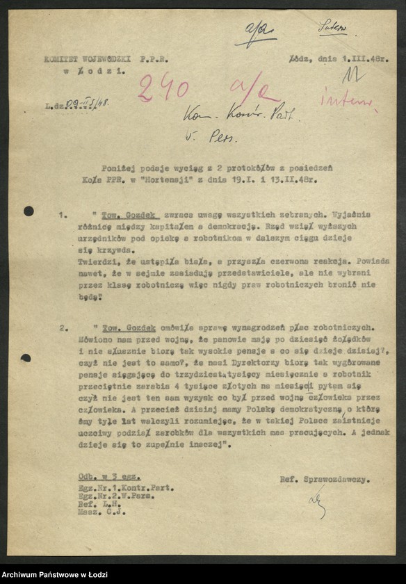 Obraz 18 z jednostki "[Wyciągi] Referatu Sprawozdawczego [dla wydziałów i Komisji Kontroli Partyjnej z protokołów zebrań i sprawozdań instruktorów]"