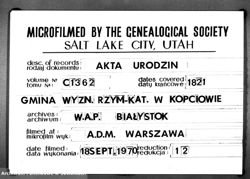 image.from.unit.number "Akta Urodzonych Gminy Kopciowskiey Powiatu Dombrowskiego w Woiewództwie Augustowskim od dnia Pierwszego Miesiąca Stycznia 1821 Roku"