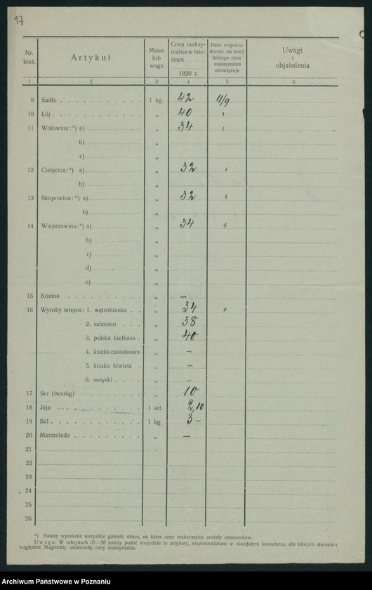 Obraz 19 z jednostki "[Wykazy urzędowo ustanowionych cen maksymalnych na artykuły pierwszej potrzeby na terenie Województwa Poznańskiego za miesiąc październik 1920 roku]"