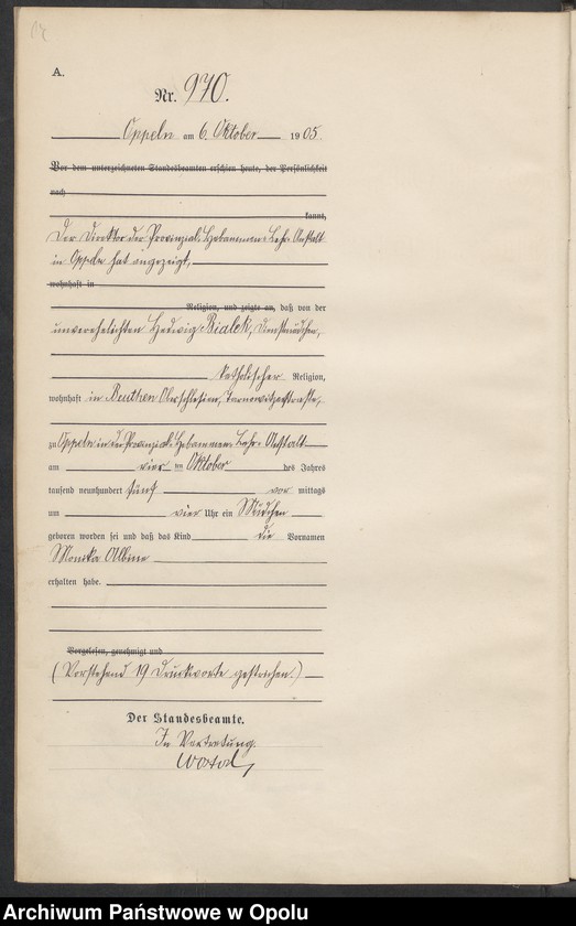 Obraz 18 z jednostki "Urząd Stanu Cywilnego w Opolu 1905 Rejestr Urodzeń miejscowa Nr 958 do 1287"