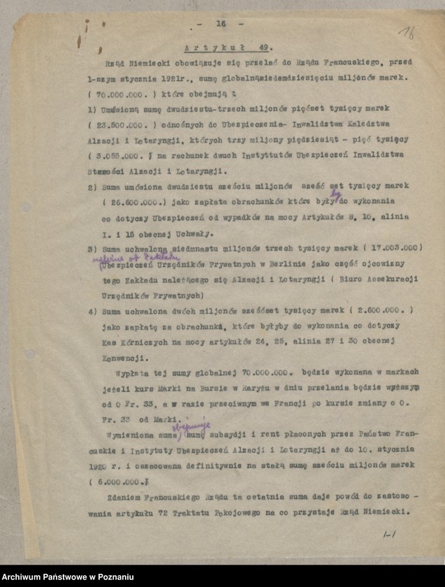 Obraz 18 z jednostki "[Materiały dotyczące rozliczeń Francji z Niemcami zgodnie z Traktatem Wersalskim odnośnie ubezpieczeń społecznych]"