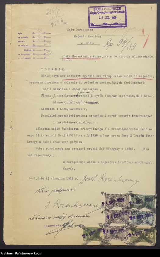 Obraz 3 z jednostki "Josek Rozenkranc – wyrób i sprzedaż towarów bawełnianych i bawełniano-wigoniowych"