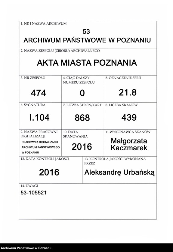 Obraz 1 z jednostki "Liber actorum officii consularis civitatis Posnaniae."