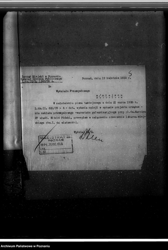 Obraz 8 z jednostki "Zatwierdzenie zakładu przemysłowego /warsztatu galwanizacyjnego/ W. Pińskiego w Poznaniu"