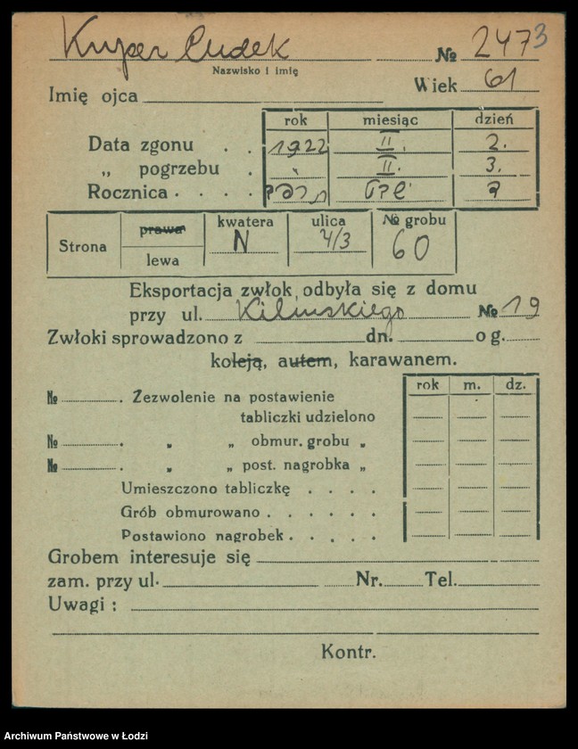 Obraz 4 z jednostki "Kartoteka osób pochowanych na cmentarzu żydowskim przy ulicy Brackiej w latach 1892-1956. Nazwiska na litery: Kup-Kz"
