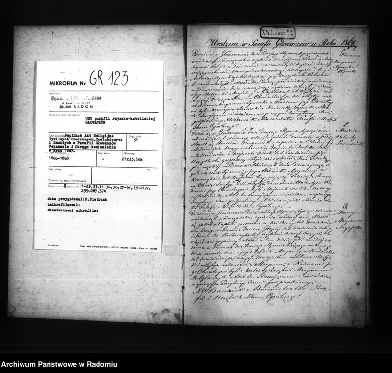 image.from.unit.number "Duplikat akt religijno cywilnych urodzonych, zaślubionych i zmarłych w parafii Głowaczów dekanacie i okręgu kozienickim w roku 1867"