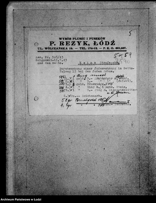 Obraz 9 z jednostki "Kripo.Unterlagen 2400-2600 [Dokumenty konfiskaty majątku ruchomego u Żydów]"