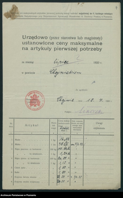 Obraz 9 z jednostki "[Wykazy cen maksymalnych artykułów spożywczych w poszczególnych miastach Województwa Pomorskiego za miesiące czerwiec i lipiec 1920 roku]"