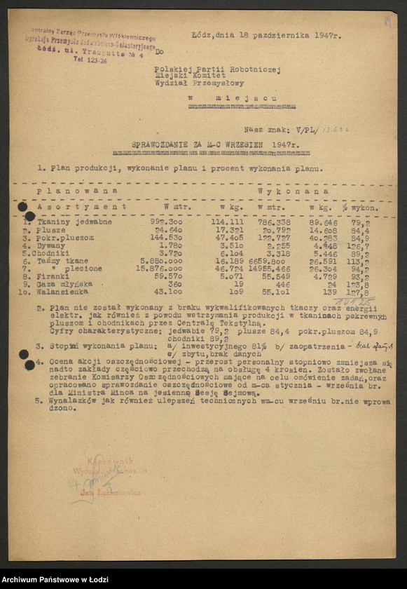 Obraz 20 z jednostki "Dyrekcja Przemysłu Jedwabniczo - Galanteryjnego; protokół z narady Dyrekcji, sprawozdania okresowe, raporty dzienne o wykonaniu planu produkcji"