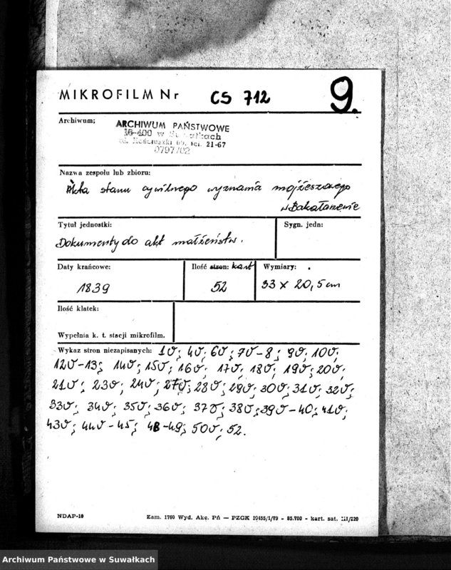 image.from.unit.number "Dowody do akt zaślubień osób Wyznania Mojżeszowego w Okręgu Bakałarzewo pro 1839"