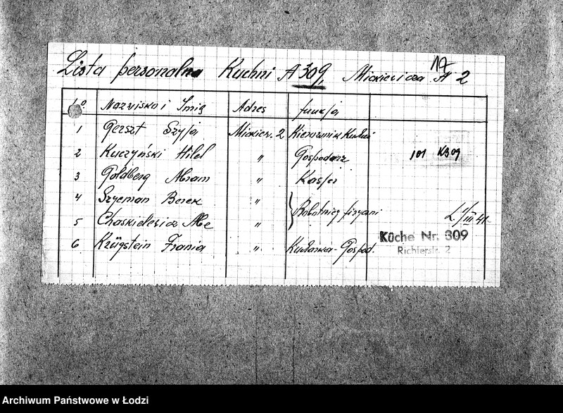 Obraz 20 z jednostki "[Kuchnia nr 309, ul. Mickiewicza 2. Kuchnia nr 83, ul. Mickiewicza 8. Działalność kuchni, personel, konsumenci, kontrole]"