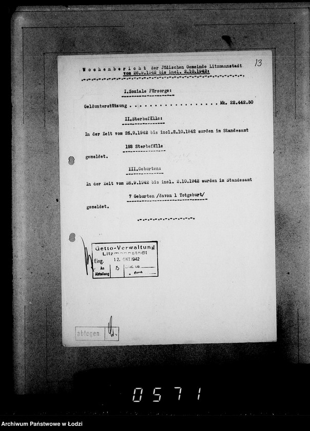 Obraz 17 z jednostki "Wöchentliche (monatliche) Tätigkeitsberichte des Ältesten der Juden"