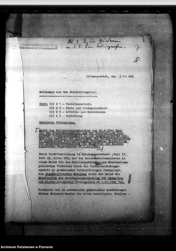 Obraz 12 z jednostki "Unterstützung an Stelle von Sozialversicherung für Polen. Erlass des Reichsarbeitsministeriums vom 26. 8. 1942 "Polenstatut"."