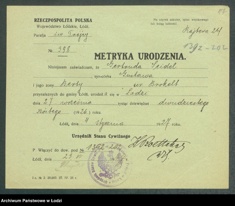 Obraz 19 z jednostki "Dowody metrykalne stałych mieszkańców m. Łodzi nr domu 1392, s. 200-289, 1394"