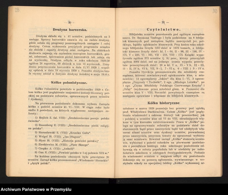 image.from.unit.number "Sprawozdanie Dyrekcji Państw[owego] Gimnazjum II im. Augusta Witkowskiego w Jarosławiu za rok szkolny 1929/30"