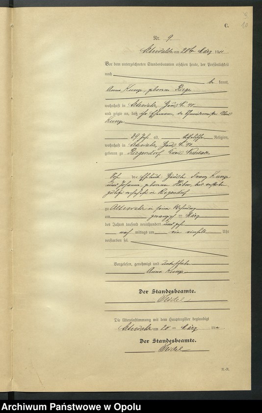Obraz 14 z jednostki "Sterbe-Register (Neben-Register) Standesamt Altewalde 1910 No. 1 bis 45"