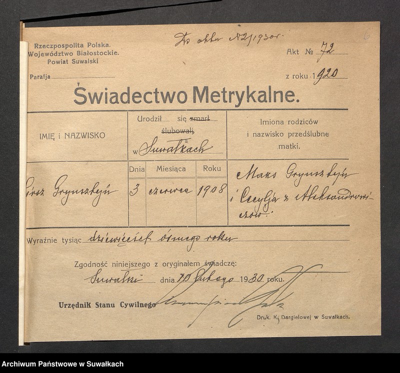 image.from.unit.number "Dowody do aktów ślubu Suwalskiego Okręgu Bożniczego 1930 rok"