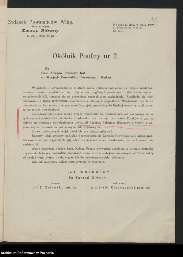 Obraz 16 z jednostki "Okólniki własne Zarządu Głównego Związku Powstańców Wielkopolskich."