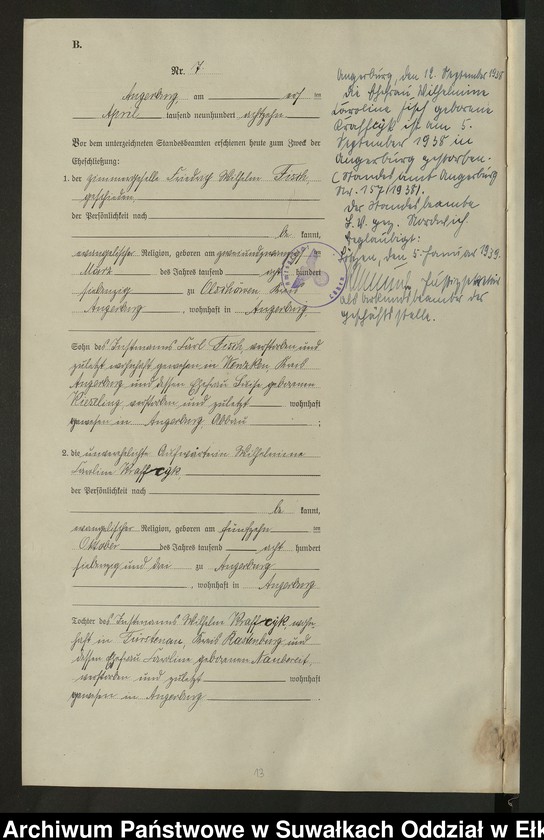 image.from.unit.number "B2. Heirats - Register (Neben - Register) Standesamt Angerburg einschl. der Bezirke Prinowen, Gr. Strengeln, Kehlen und Prinowen Kreis Angerburg"