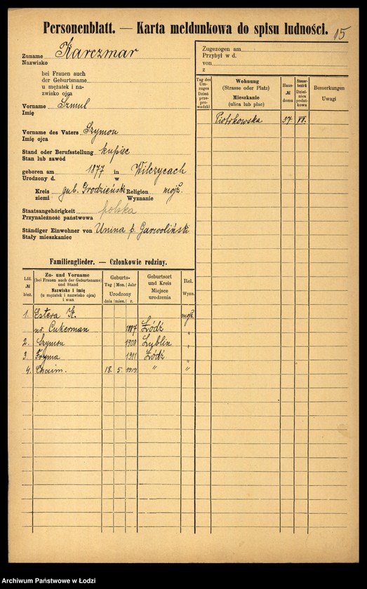Obraz 17 z jednostki "[Spis ludności Łodzi] Karczmańska - Karnowski"