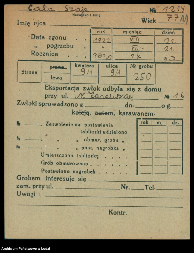 Obraz 12 z jednostki "Kartoteka osób pochowanych na cmentarzu żydowskim przy ulicy Brackiej w latach 1892-1954. Nazwiska na litery: Ca-Choros"