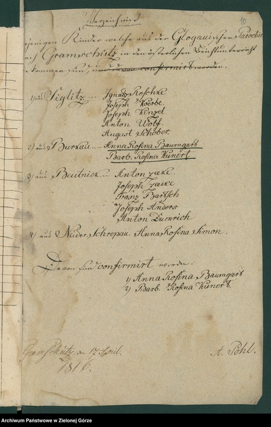 image.from.unit.number "Alljähriges Verzeichniß der Kinder, welche zum ersten Hl. Abendmahle gegengen sind, bei hiesieger Stadtpfarrkirche [Wykaz dzieci mających przystąpić do pierszej komunii św. w parafii p. w. św. Mikołaja w Głogowie]"