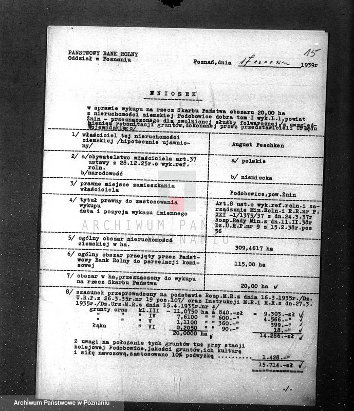 Obraz 19 z jednostki "Majątek Podobowice w powiecie żnińskim nabycie nieruchomości w trybie art.. 8 ustawy o wykonaniu reformy rolnej"