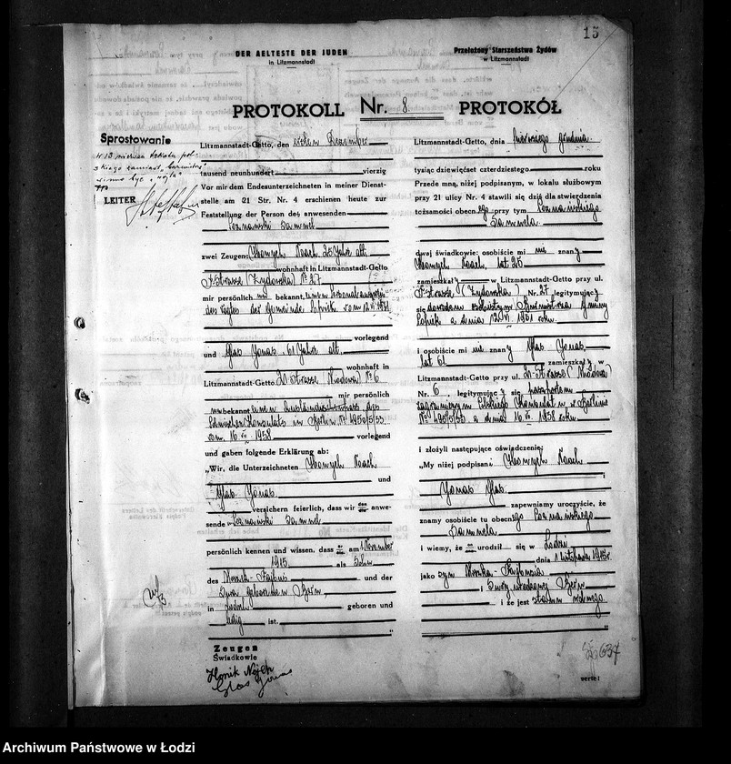 Obraz 18 z jednostki "[Protokoły stwierdzające na podstawie zeznań 2 świadków personalia i tożsamość osób ubiegających się o kartę tożsamości]"