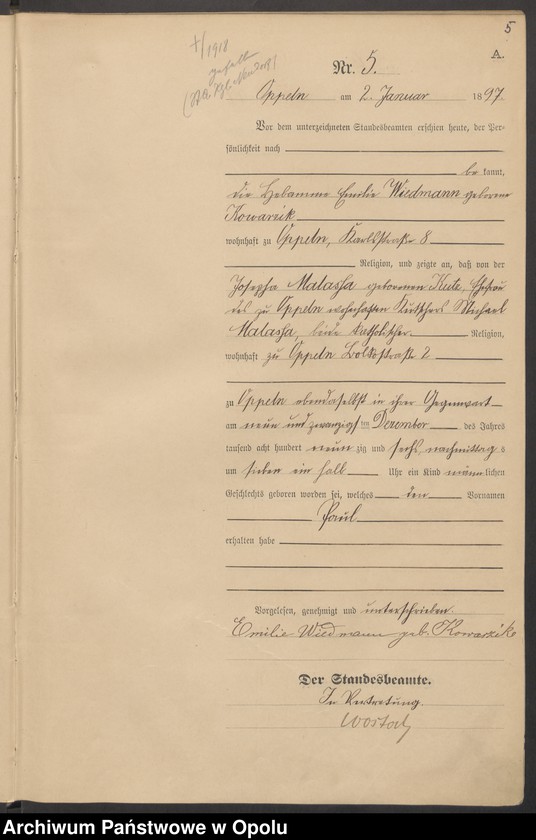 Obraz 9 z jednostki "Urząd Stanu Cywilnego w Opolu 1897 Rejestr Urodzeń Księga Miejscowa Nr 1 do 554"
