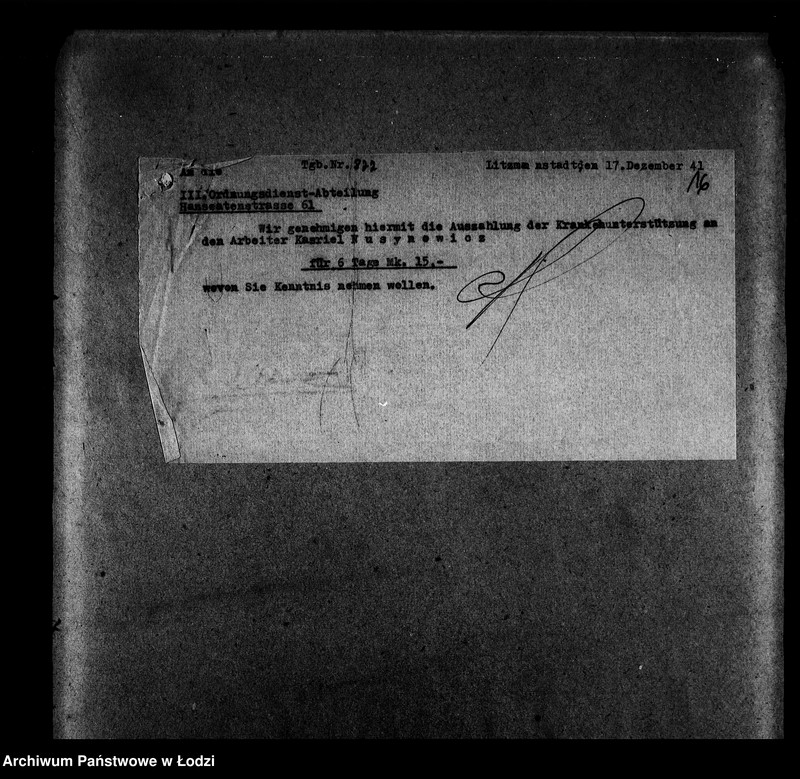 Obraz 19 z jednostki "I Ordnungsdienst [Zasiłki chorobowe dla pracowników wydziału, listy pracowników, zaświadczenia lekarskie]"