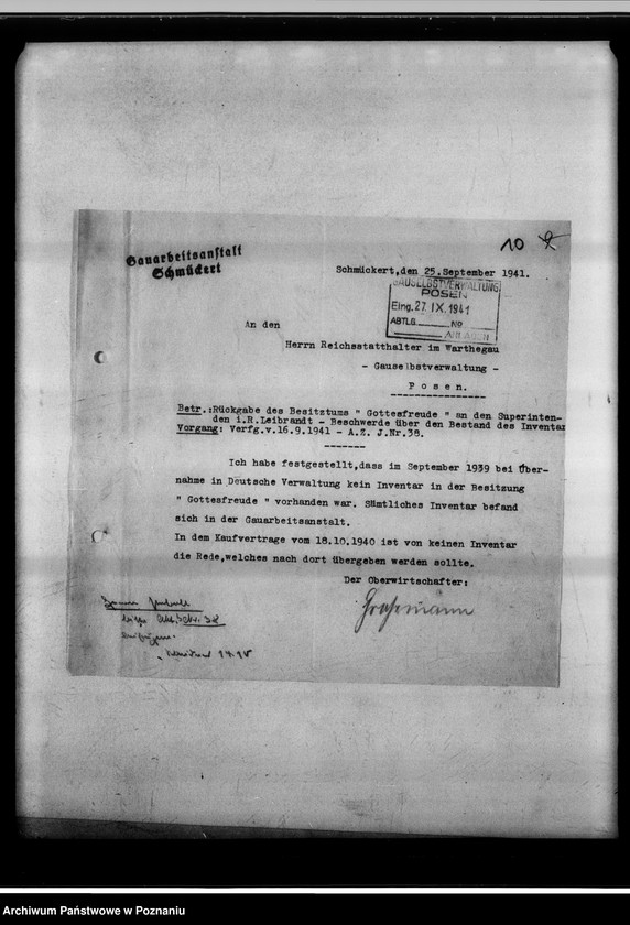 Obraz 14 z jednostki "Rückgabe des Besitztums "Gottesfreude" in Schmäkert an den Superintendenten i.R. Leibrandt in Breslau."