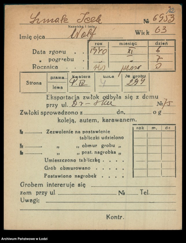Obraz 13 z jednostki "Kartoteka osób pochowanych na cmentarzu żydowskim przy ulicy Brackiej w latach 1892-1957. Nazwiska na litery: Szn-Szt"