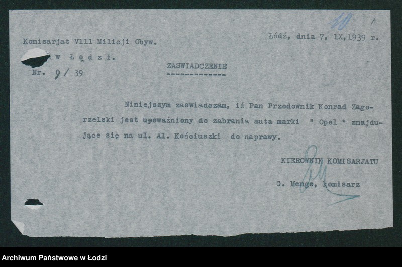 Obraz 3 z jednostki "[Akta VIII Komisariatu Milicji Obywatelskiej - różne zaświadczenia, wezwania, pokwitowania i przepustki]"