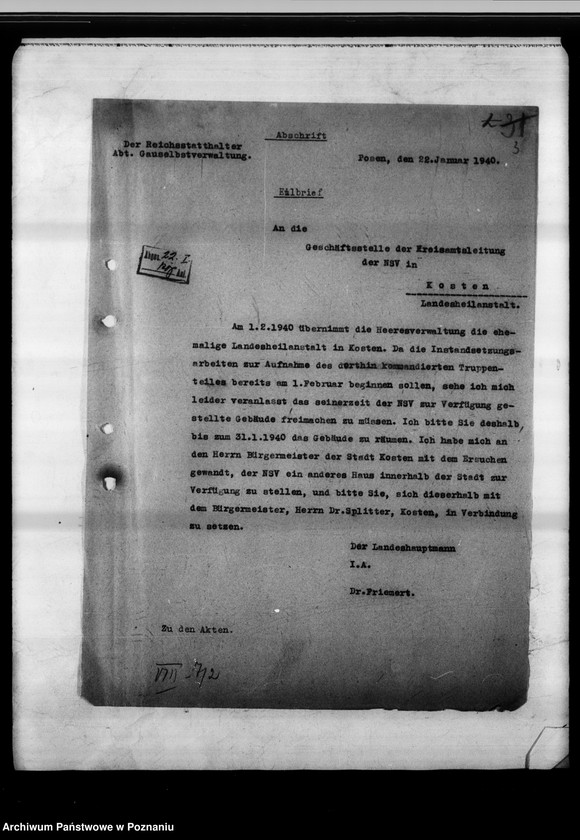 Obraz 7 z jednostki "Verhandlungen und Vertrag über die Vermietung an die Vermacht - Gauheilanstalt Kosten."