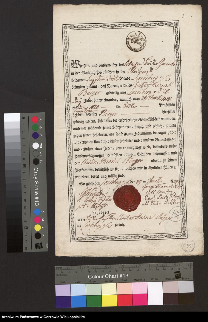image.from.unit.number "[Lehrbrief für den Bäckergesellen Christian Heinrich Bürger aus Landsberg an der Warthe. Landsberg a/W den 27 Martin 1820]"