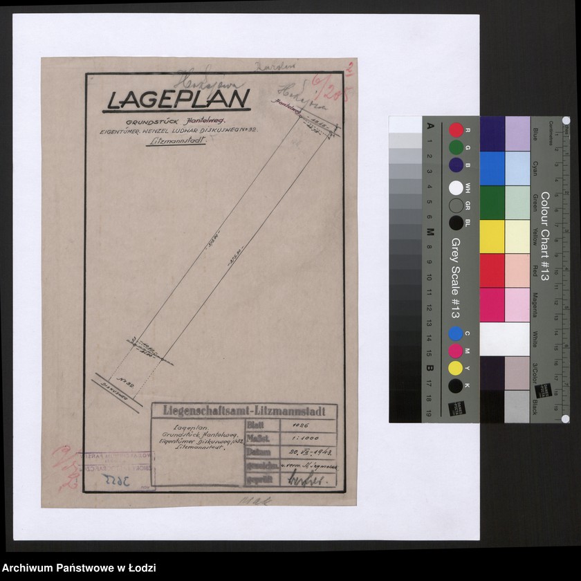 Obraz 1 z jednostki "Lageplan Grundstück Hantelweg. Eigentümer Wenzel Ludwar Diskusweg Nr 32 Litzmannstadt"