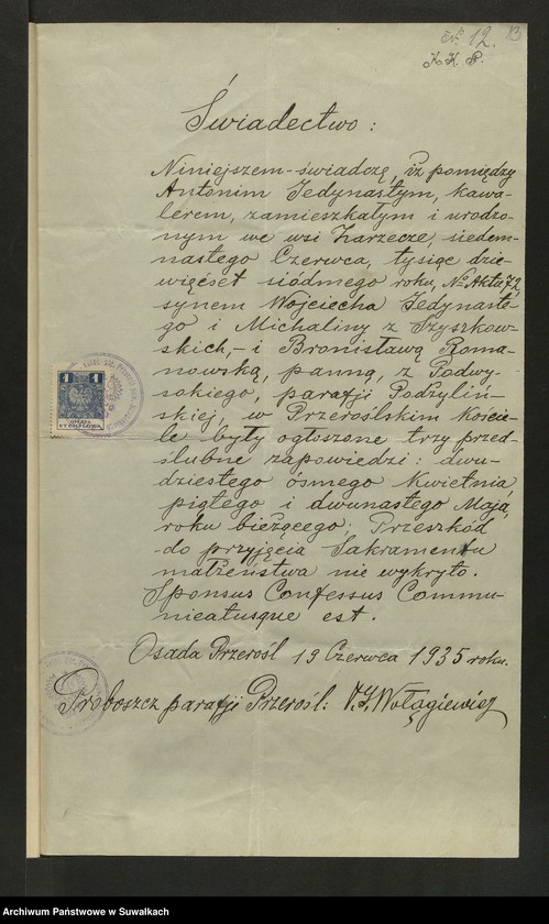 image.from.unit.number "Aneksa [do akt małżeństw] parafji Podżylińskiej za rok 1935"
