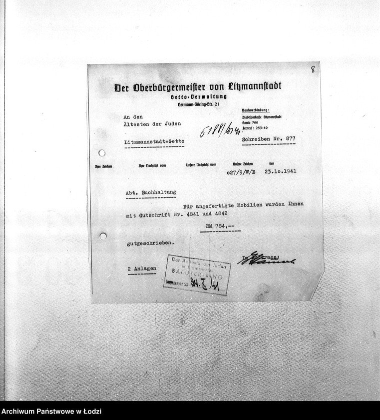 Obraz 11 z jednostki "Sonderkonto [Korespondencja PSŻ z GV w sprawach buchalteryjnych: uznanie konta za przekazane Niemcom mienie żydowskie i dostarczoną siłę roboczą w zamian świadczeń ze strony GV]"