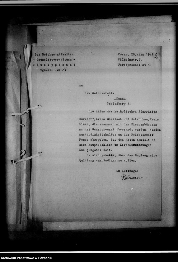 Obraz 6 z jednostki "[Korespondencja w sprawie przekazywania ksiąg kościelnych z Gausippenamt w Poznaniu do Reichsarchiv w Poznaniu]"