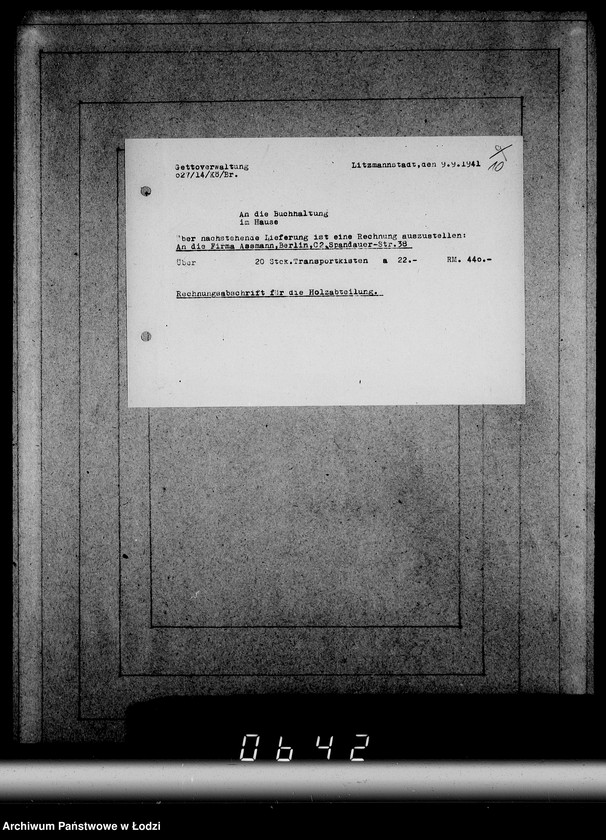 Obraz 14 z jednostki "Ausgelieferte Kommisionen Konto 0 von 60-[82] [Wydane na zlecenie G.V.meble z warsztatów Getta]."