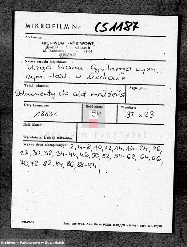 image.from.unit.number "Dokumenty k aktam brakosočetavšichsja Liškovskago Rimsko- katoličeskago Prichoda za 1883 god"
