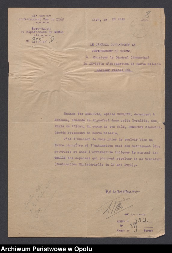 Obraz 10 z jednostki "Service de Sante-Evacuations Hopitaux-Hygiene des Troupes-Prostitution /Korsepondencja z zakresu służby zdrowia, ewakuacja, szpitale, higiena, prostytucja/ 14.06.1921 - 5.07.1922"