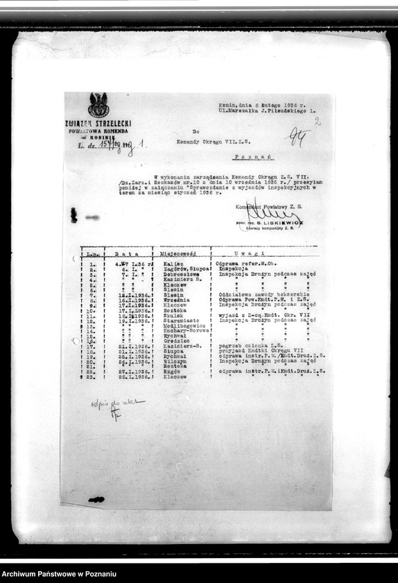 Obraz 7 z jednostki "Komunikaty i korespondencja Komendy Powiatowej Związku Strzeleckiego w Koninie z władzami nadrzędnymi - Komenda Okręgu. Komenda Główna w sprawach organizacyjnych i personalnych"