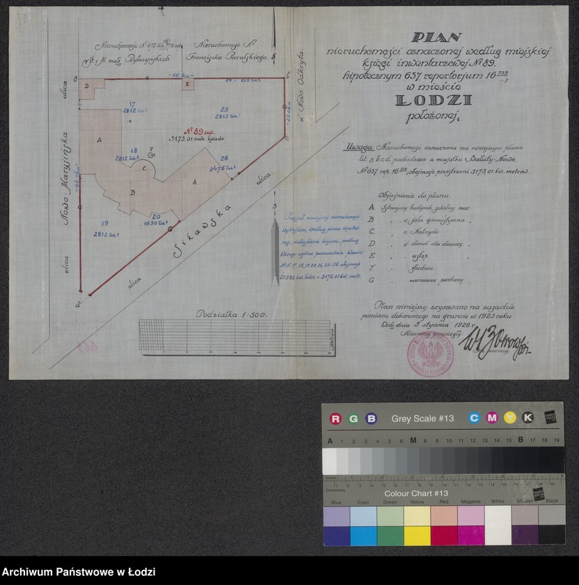 Obraz 1 z jednostki "Plan nieruchomości oznaczonej według miejskiej księgo inwentarzowej Nr 637 repertorium 16/739 w mieście Łodzi położonej"