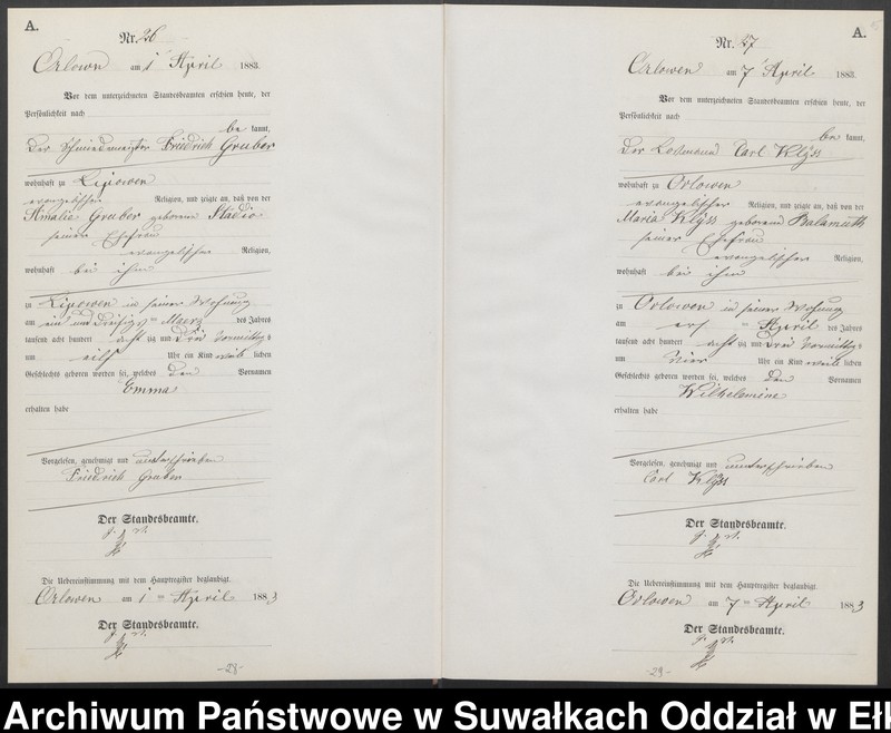 Obraz 18 z jednostki "Geburts-Neben-Register des Preussischen Standes-Amtes Orlowen Kreis Loetzen für das Jahr 1883"