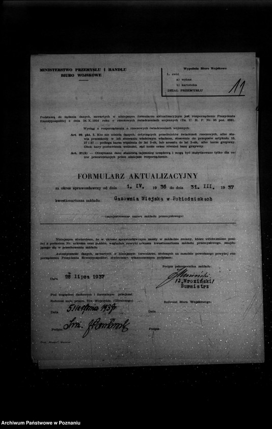 Obraz 15 z jednostki "Kwestionariusz Gazowni Miejskiej w Pobiedziskach powiat poznański"