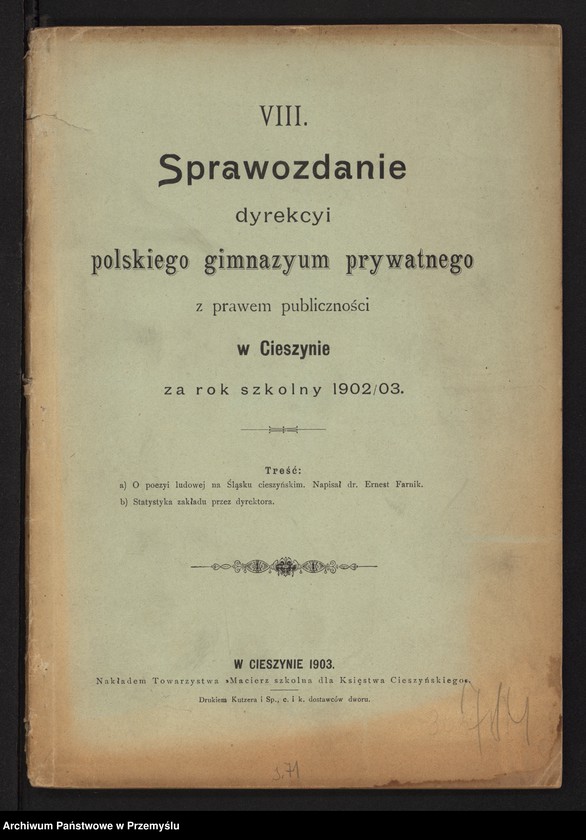 image.from.unit.number "VIII Sprawozdanie dyrekcji polskiego gimnazjum prywatnego z prawem publiczności w Cieszynie za rok szkolny 1902/03"