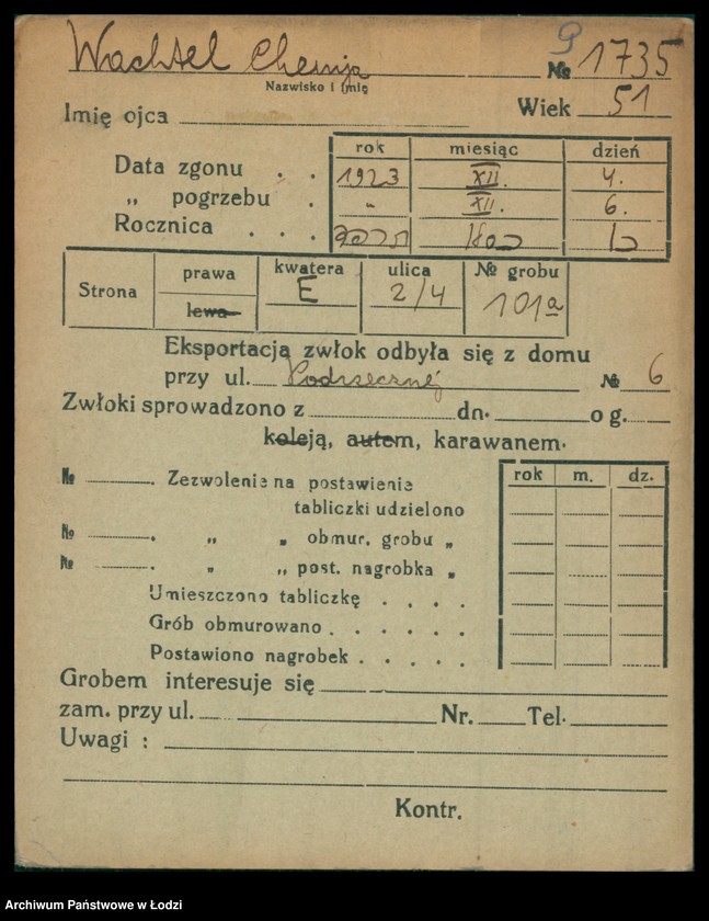 Obraz 10 z jednostki "Kartoteka osób pochowanych na cmentarzu żydowskim przy ulicy Brackiej w latach 1892-1953. Nazwiska na litery: Wac-Wajng"