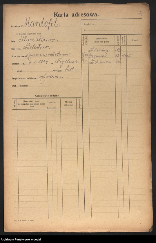 Obraz 16 z jednostki "[Spis ludności Łodzi] Mardofel - Markgraf"
